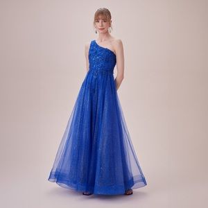 Jules & Cleo One Shoulder Glitter Tulle 3D Floral Ballgown Royal Blue Prom Dress